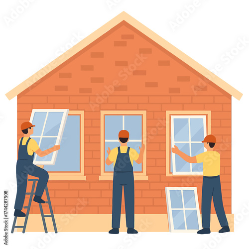 Modern home renovation with workers installing new windows in a brick house
