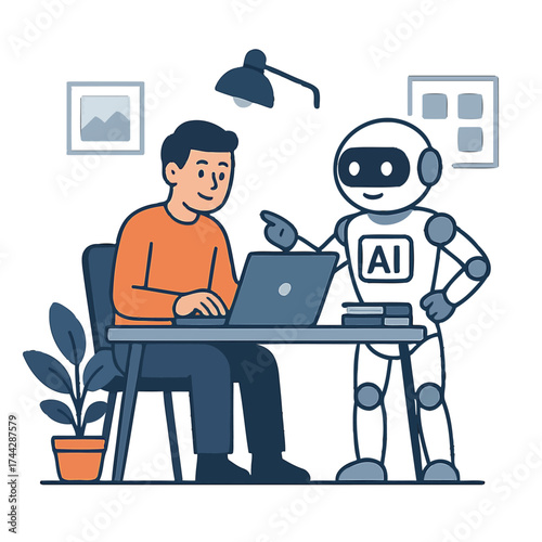 Human and ai robot collaborating at desk in modern office environment