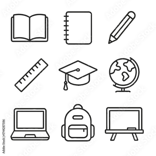 Linear back to school icons set: notebook, pencil, globe, laptop, backpack, blackboard