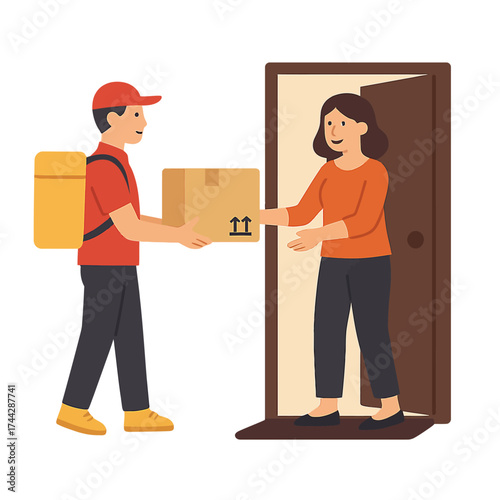 Delivery person handing parcel to smiling woman at doorway in modern flat style
