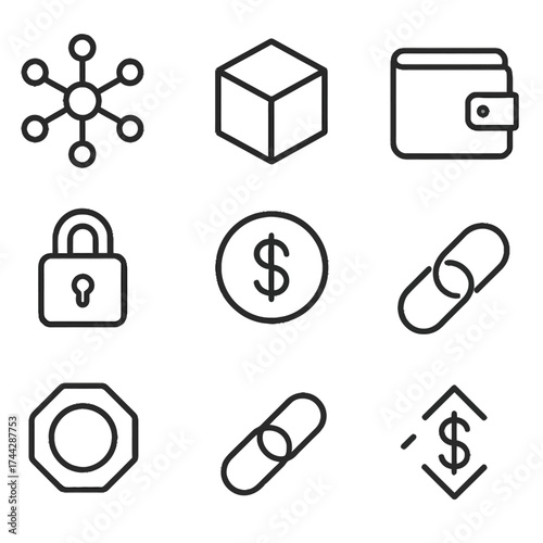 Modern minimalist black and white finance and security icon set