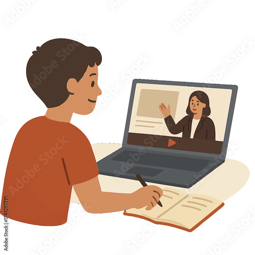 Home learning: cartoon student watching online lecture on laptop