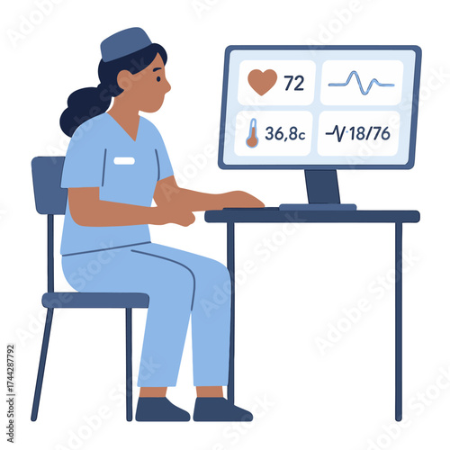 Nurse monitoring patient vital signs on computer in modern healthcare setting