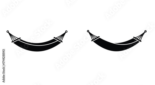 Simple black and white illustration depicting two hanging hammocks on white