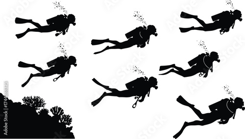 Group of scuba divers swimming underwater exploring beautiful coral reef marine life silhouette in deep ocean adventure vector illustration design