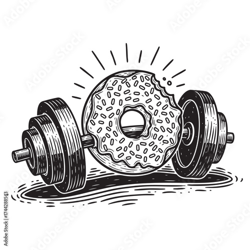 Donut Barbell Engraving Illustration | Black and White Fitness and Food Concept Art