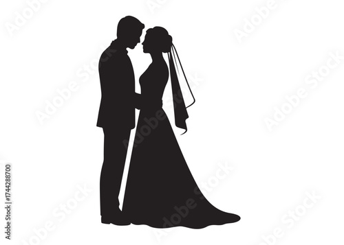 wedding couple logo silhouette vector, groom couple silhouette vector illustration, couple silhouette with wedding dress, romantic couples wedding woman logo silhouettes vector on a white background