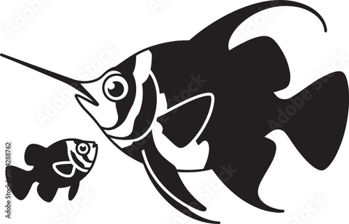 Angelfish and clownfish black vector silhouette. Aquarium fish graphic illustration
