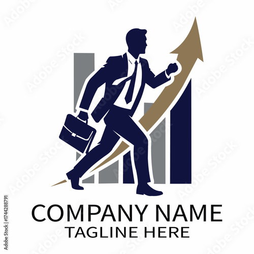 Creative design vector art of silhouette of a businessman in a suit running up a financial graph with a briefcase