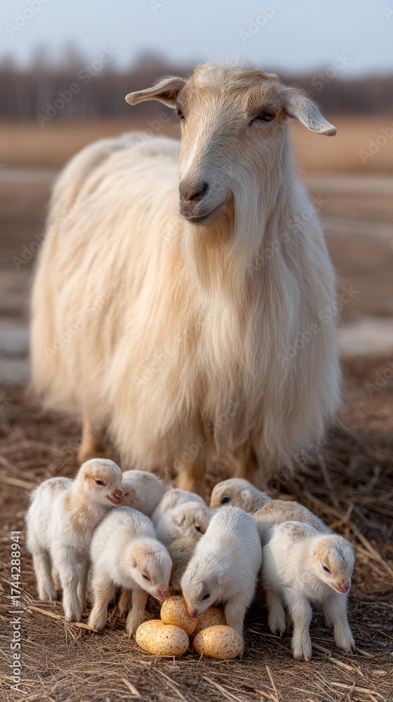 Fototapeta premium A mother goat gently nuzzles her playful kid while they enjoy a quiet moment together in a peaceful, dusty landscape