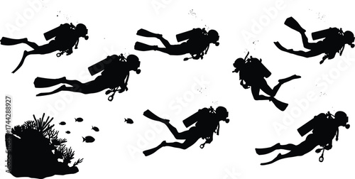 Group of scuba divers underwater exploring coral reef marine life and tropical fish silhouette in ocean sea diving adventure illustration