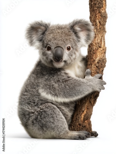 A cute baby koala with grey fur and a black nose clinging to a tree branch, looking directly at the camera on a white background.