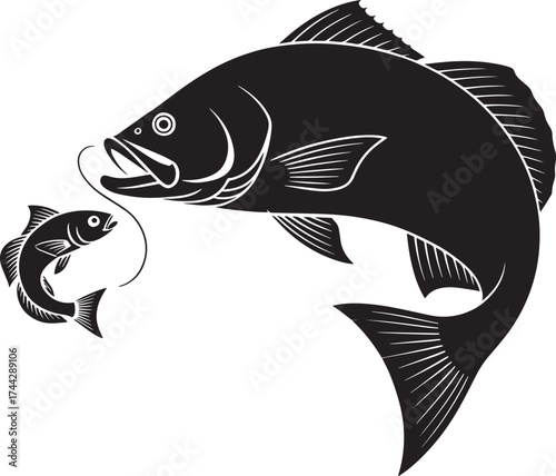 Fishing silhouette big fish with hook catching small fish. Black marine animal vector