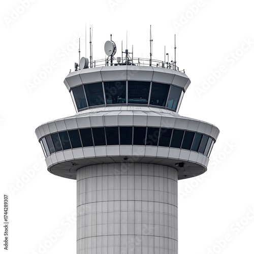 Modern airport control tower, tall, white exterior, topped with antenna array and wrap-around windows