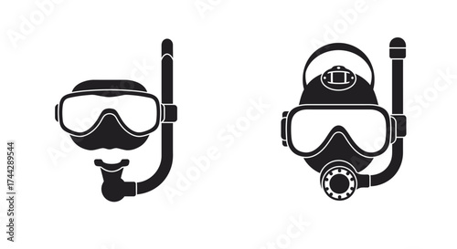 Simple black and white illustration of two scuba diving masks with snorkels
