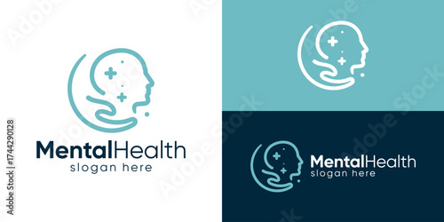 Creative simple mental health logo template. People head with care symbol for Pshycology logo design vector illustration.