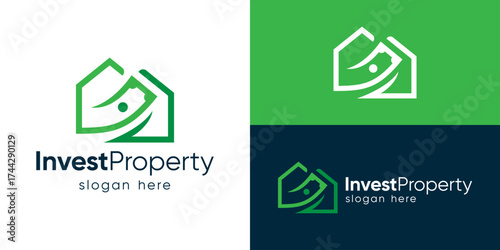 Creative simple invest property logo template. Home, house with money cash logo design vector illustration.