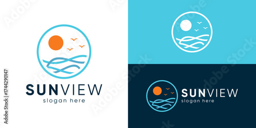 Creative simple sun view logo template. Sun with wave logo design vector illustration.