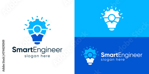 Creative simple smart engineer logo template. Light bulb with people job work logo design vector illustration.