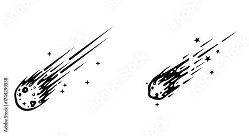 Two comets streaking across a dark night sky with bright trails