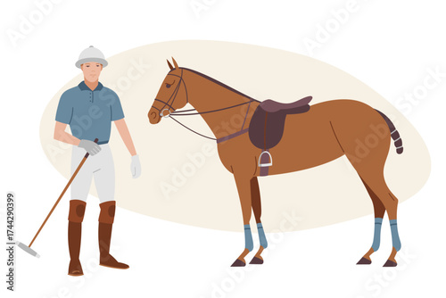 Polo player standing next to a saddled pony holding a mallet
