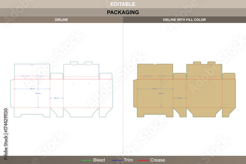 Tuck end box variations overlapping dieline, editable packaging template with fold structure and die line guidance for retail-ready branding and shipping