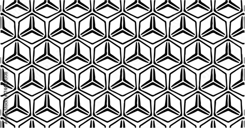 Minimalist geometric vector pattern with interlocking triangles forming hexagonal shapes, in bold black and white contrast.