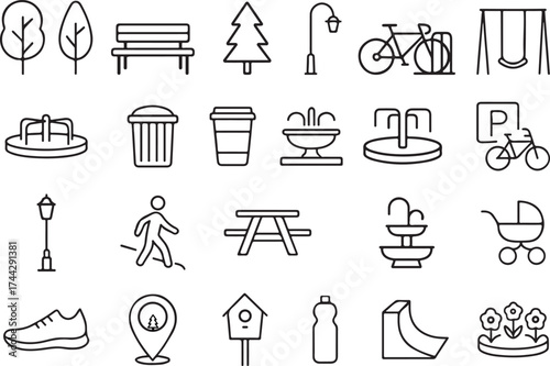 Modern line icon set representing park elements for outdoor recreation and city green spaces