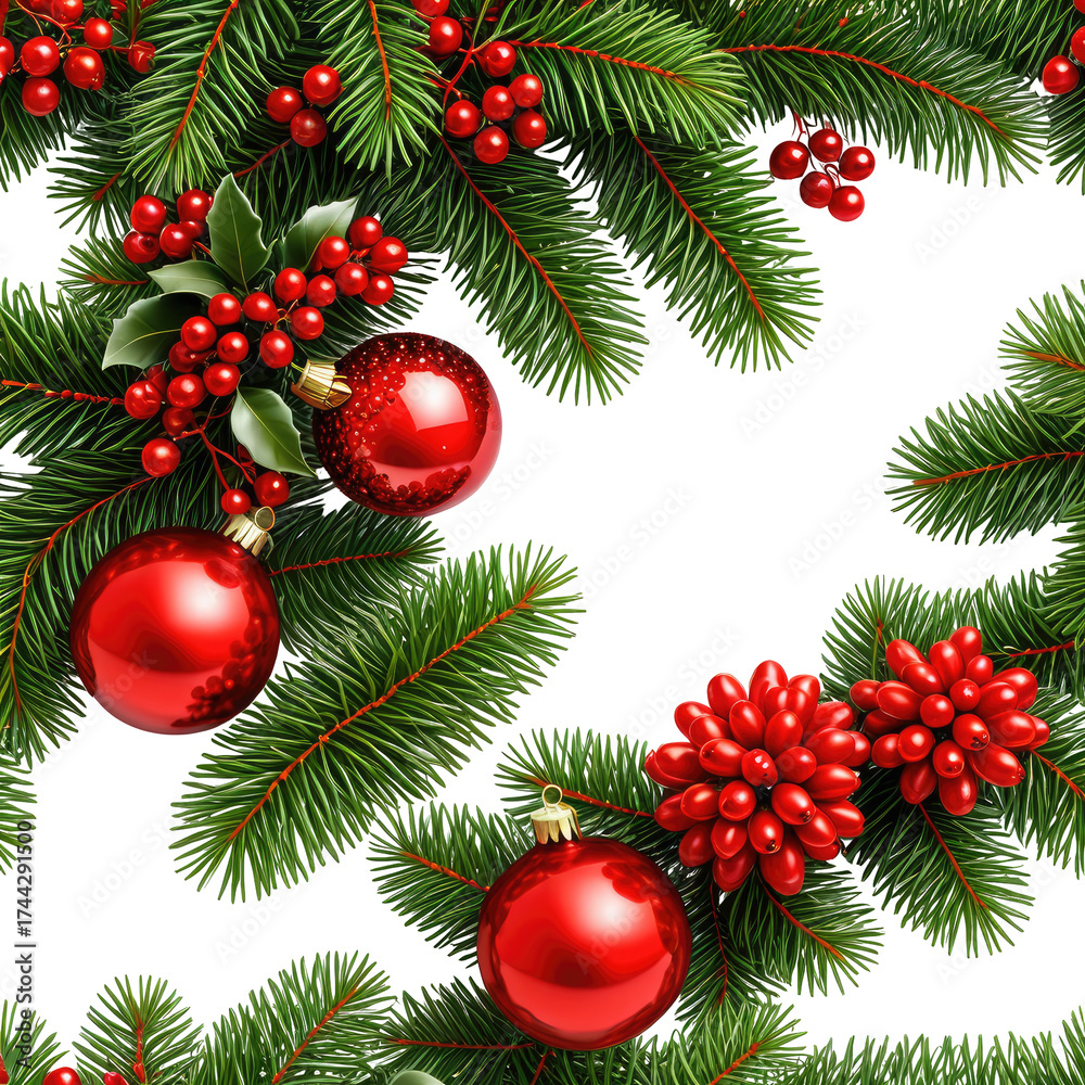 Fototapeta premium Festive holiday greenery border with red ornaments and berries