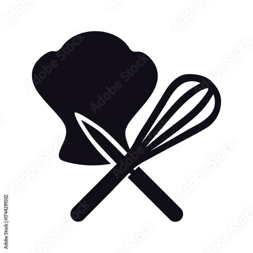 Vector art of chef hat and whisk, symbolizing culinary expertise and food preparation in a professional setting