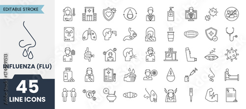 Flu line icons set with editable stroke. Containing nasal, smell, organ, breathe, sneeze, sniff and more. Vector illustration