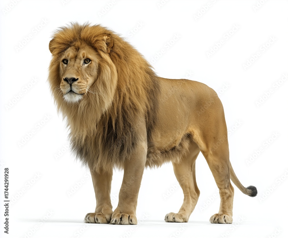 Obraz premium Full body shot of a majestic adult male lion with a golden mane standing on a white background.