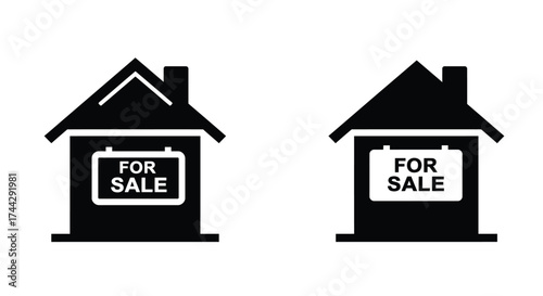 Simple black and white house icons with for sale signs displayed