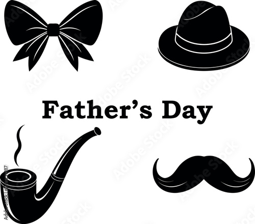 Fathers day celebration elements including a bow tie, hat, pipe, and mustache, isolated on transparent background