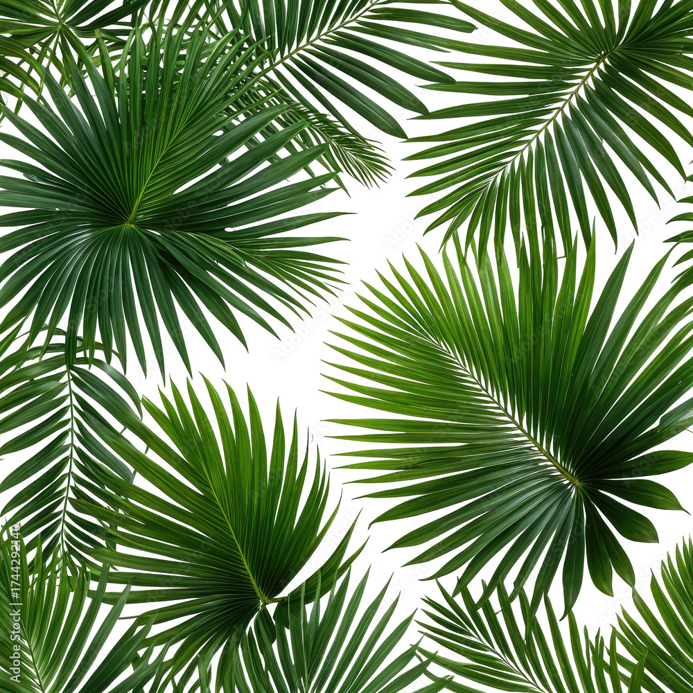 Obraz premium Tropical Palm Leaf Pattern on black background, lush, green foliage
