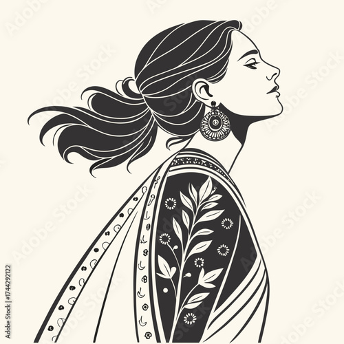 Sari Woman: Black and White Vector Illustration.

