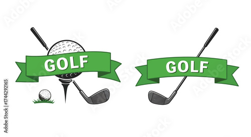 A cartoon illustration of golf equipment including balls clubs and ribbons