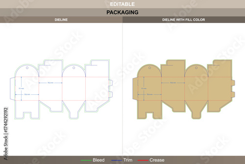 Tuck end box variations ribbon holes dieline, editable packaging template with fold structure and die line for branding, product presentation, and retail display