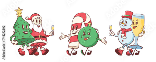 Groovy Christmas Retro Characters Set. Cartoon Santa, Pine Tree, Snowman, Cane and Ball Vector Winter Holiday Xmas Mascot Templates. Happy Vintage Cool New Year Comic Illustrations Collection Isolated