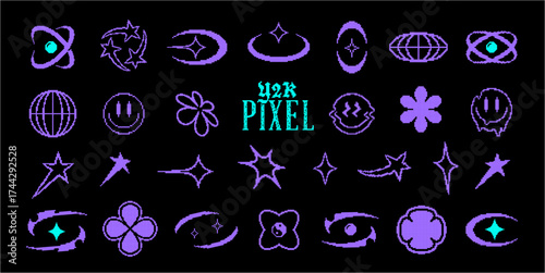 Pixel y2k retro icons set. Abstract vector elements in vaporwave acid style. Geometric sticker shapes in pixel art style. Digital brutalist techno glitch bitmap symbols collection. Isolated