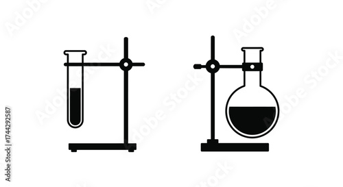 Laboratory glassware setup with test tubes and round bottom flasks displayed