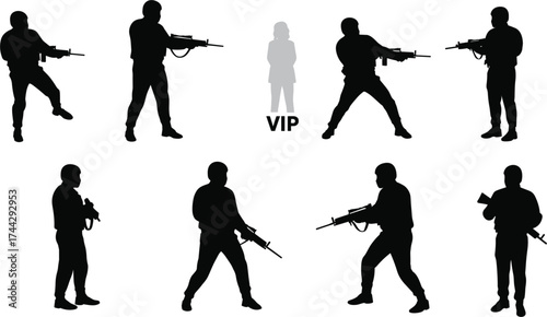 VIP protection silhouette, armed guards formation, security team with rifles, black vector illustration, high-risk defense, safety concept, elite escort, crime prevention design