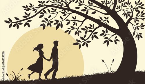 Loving Couple Dancing at Sunset: Beautiful Silhouette Art for Romance and Nature Lovers