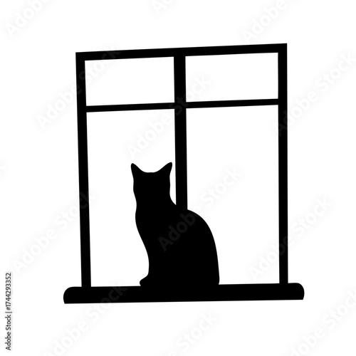 A black cat silhouette sitting on a window sill looking out