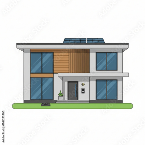 Modern two-story house with large glass windows, flat roof, and solar panels. A stylish and eco-friendly home design.