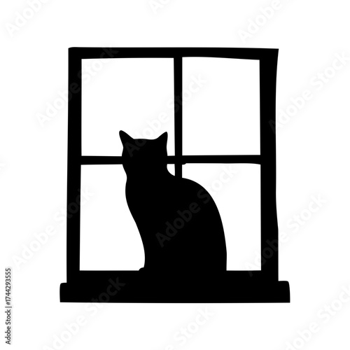 Elegant Black Cat Silhouette Gazing Through Window into Night's Enigmatic Embrace