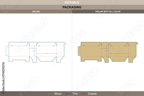 Tuck end box variations tongue inserts dieline, vector packaging template with folding structure and die line for secure product display and retail-ready packaging