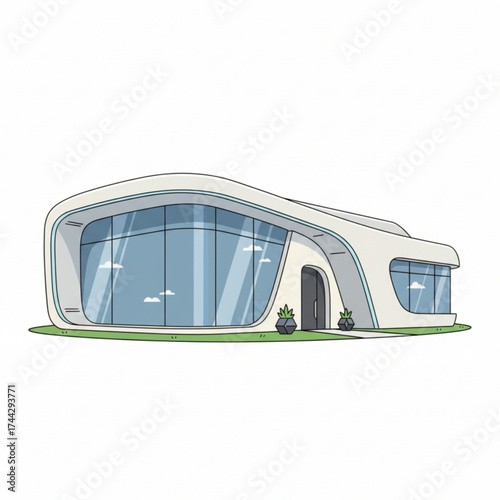 Futuristic modern house with curved architecture and large glass windows. A unique and stylish home design.
