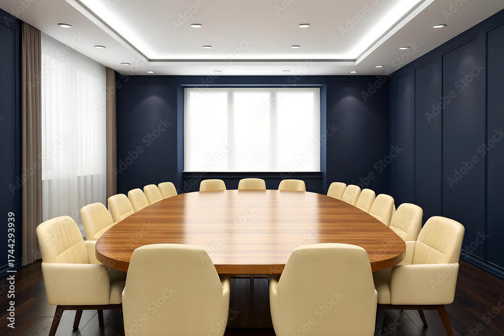 Fototapeta premium Modern conference room interior with wood table and comfortable chairs