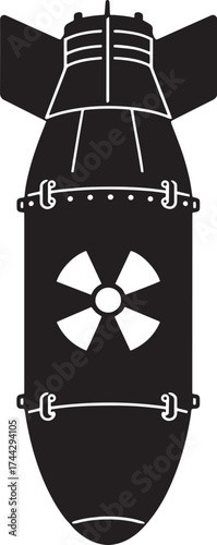 Stylized black silhouette of an atomic bomb with a centered radiation symbol vector eps illustration

